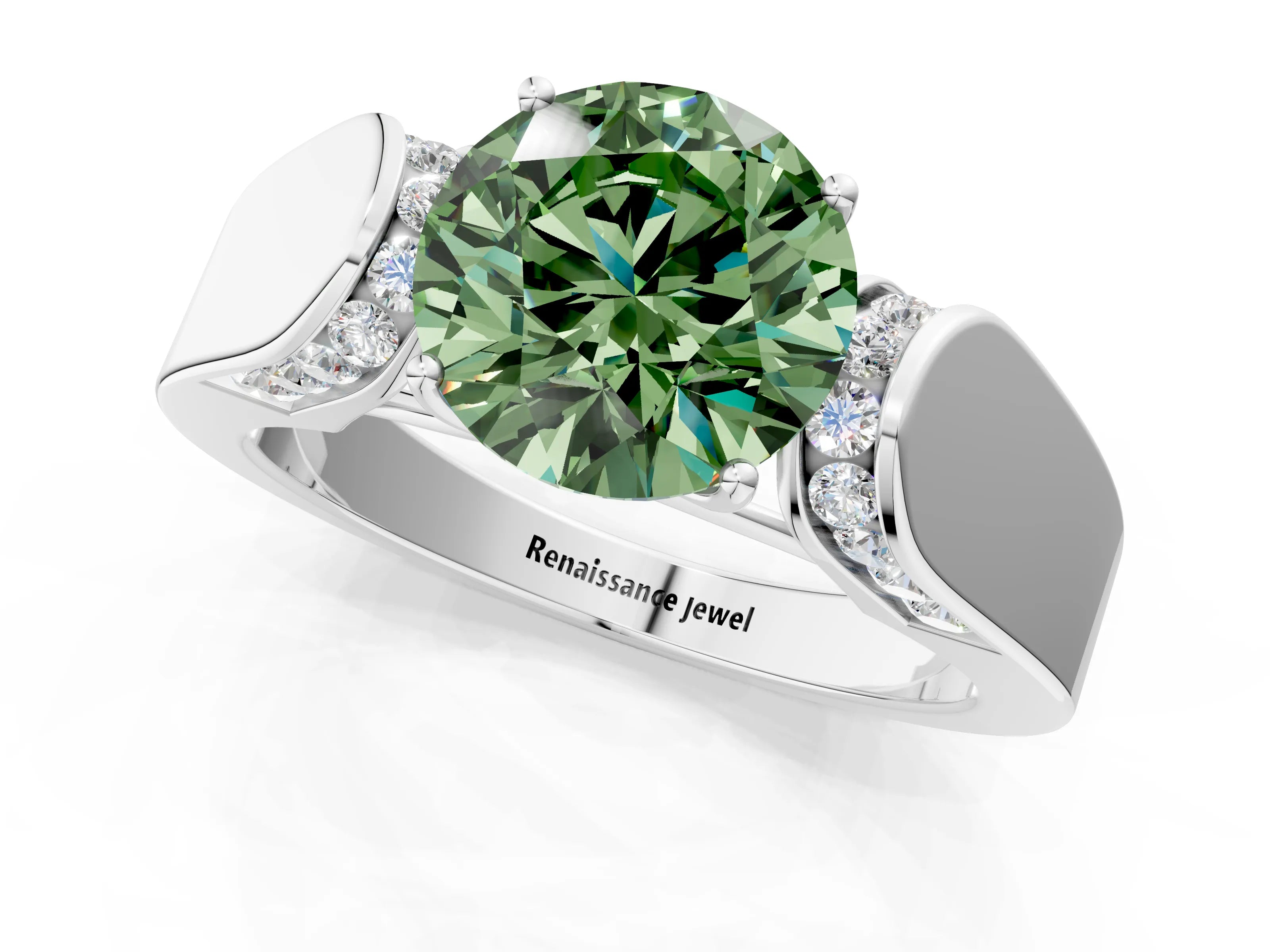 White gold Fancy Green Round Cut Cut Diamond Channel Set Solitaire Ring with Four-Prong Setting_49