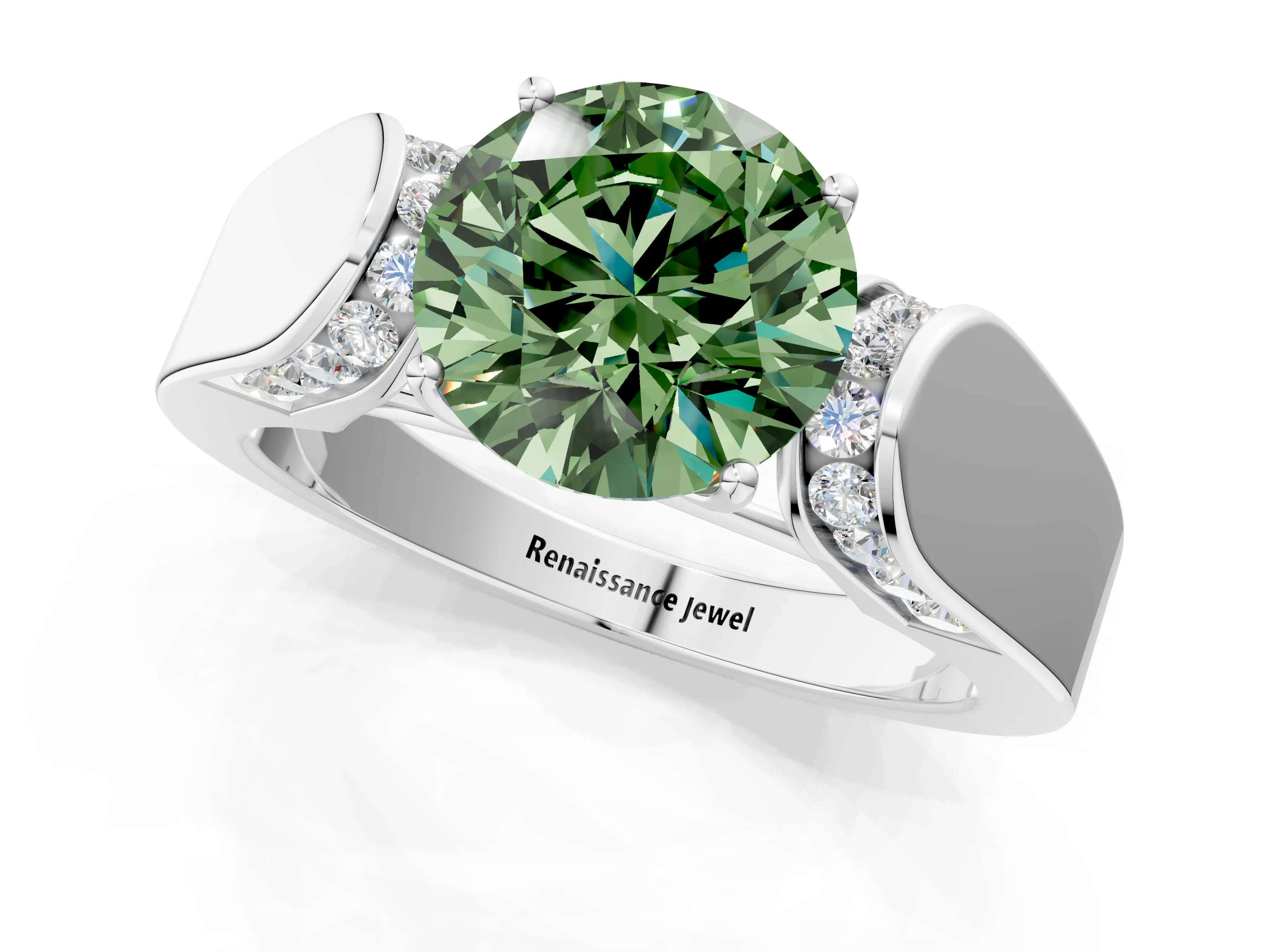 White gold Fancy Green Round Cut Cut Diamond Channel Set Solitaire Ring with Four-Prong Setting_63