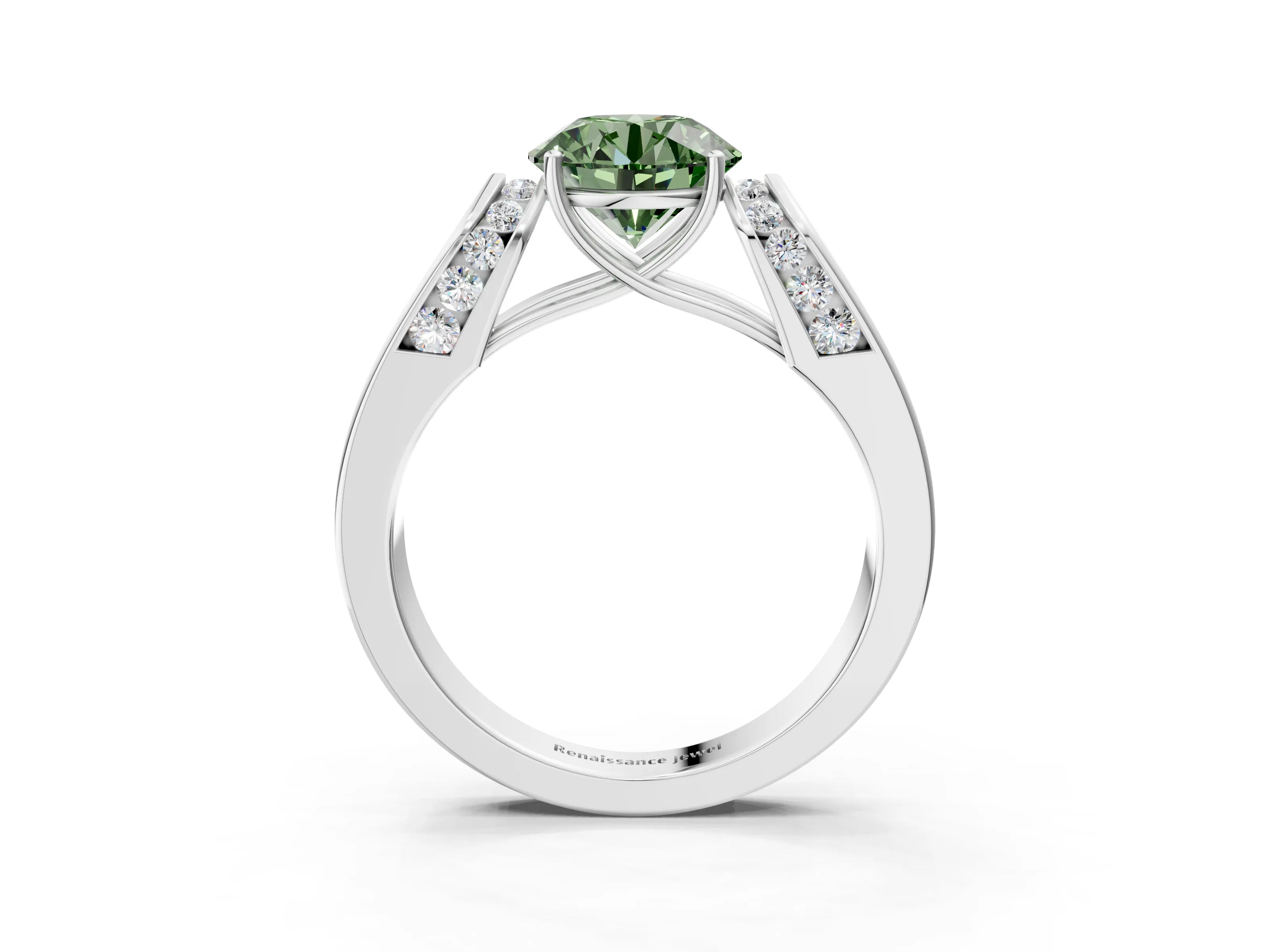 White gold Fancy Green Round Cut Cut Diamond Channel Set Solitaire Ring with Four-Prong Setting_87