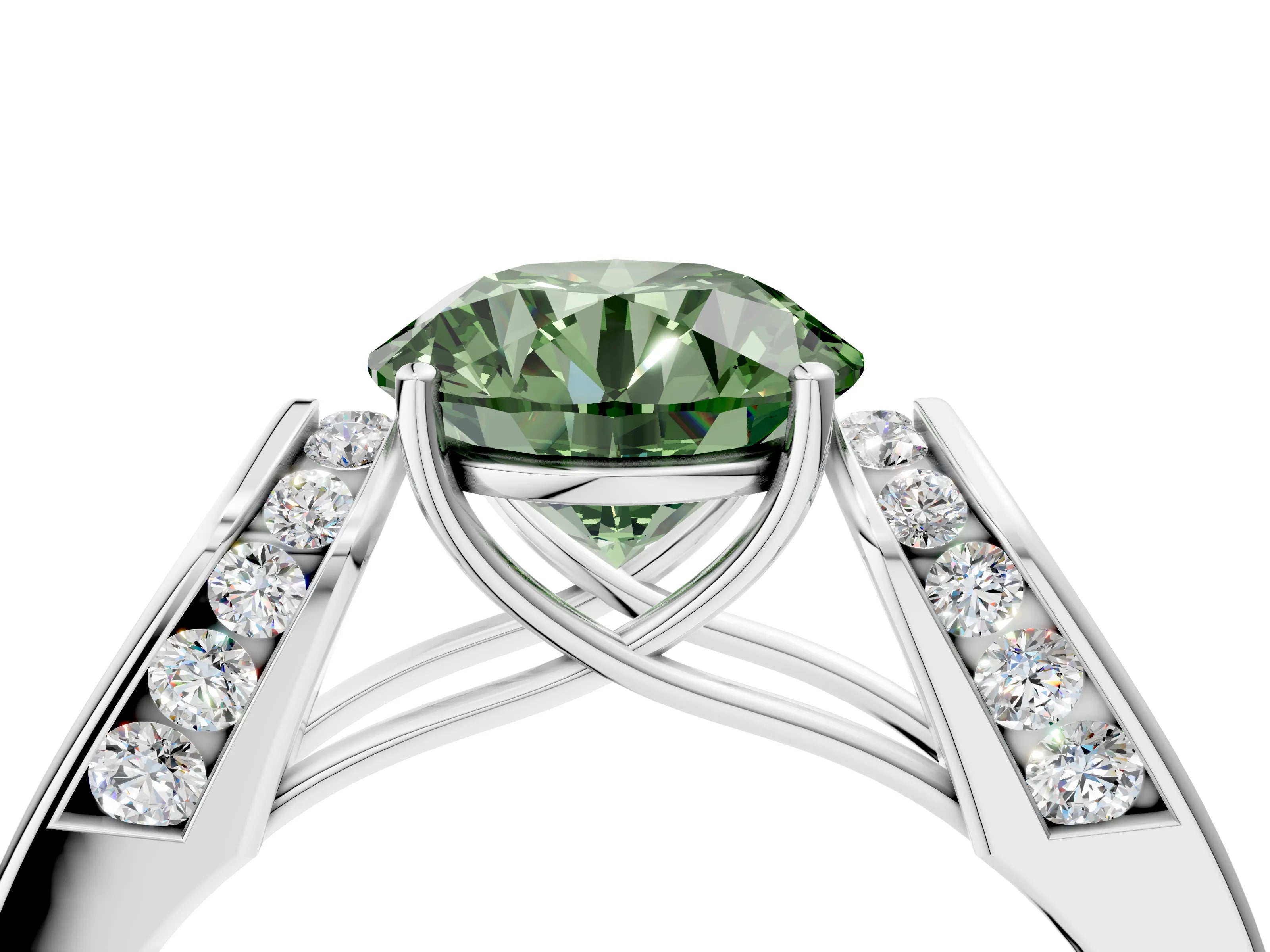 White gold Fancy Green Round Cut Cut Diamond Channel Set Solitaire Ring with Four-Prong Setting_88