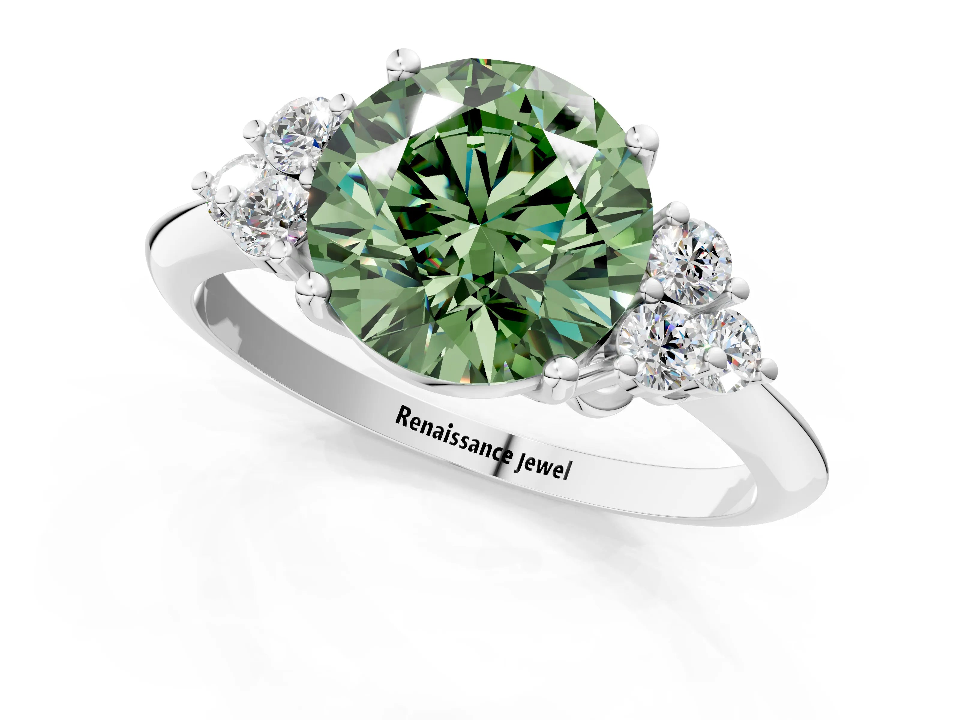 White gold Fancy Green Round Cut Cut Diamond Cluster Ring with Solitaire Band and Four-Prong Setting_13