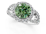 White gold Fancy Green Round Cut Cut Diamond Halo Engagement Ring with Open Split Pavé Band_1