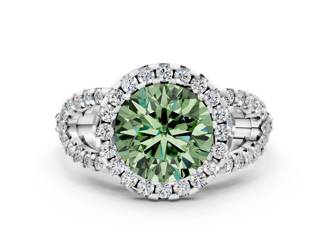 White gold Fancy Green Round Cut Cut Diamond Halo Engagement Ring with Open Split Pavé Band
