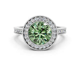 White gold Fancy Green Round Cut-Cut Diamond Halo Engagement Ring with Pave Band and Prong Setting