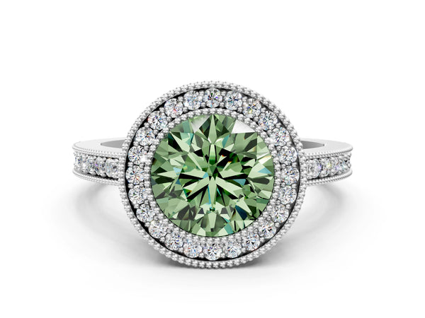 White Gold Round Halo Engagement Ring Setting for Fancy Green Center - Design RJ-753