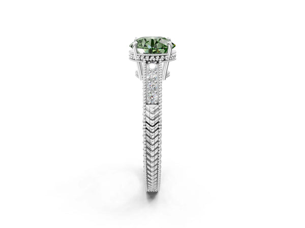 Platinum Fancy Green Round Cut Cut Diamond Milgrain Pave Band Four-Prong Setting Ring