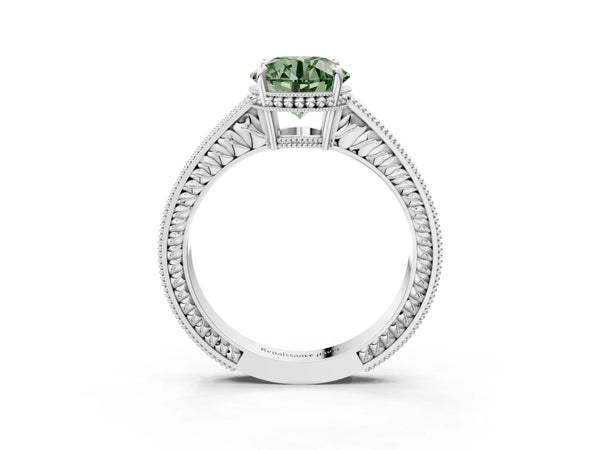 Platinum Fancy Green Round Cut Cut Diamond Milgrain Pave Band Four-Prong Setting Ring