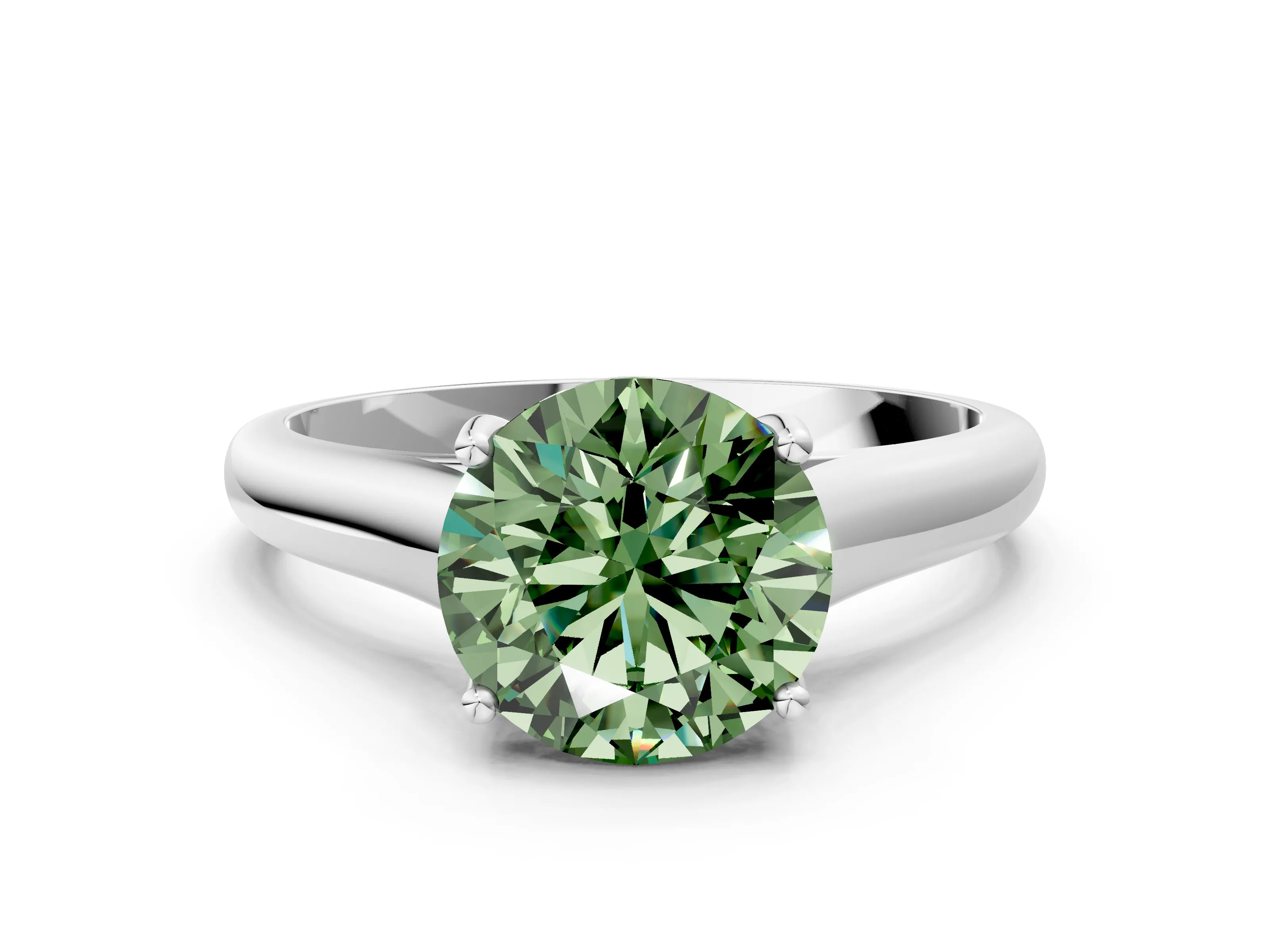 White gold Fancy Green Round Cut Cut Diamond Solitaire Engagement Ring with Tapered Plain Band and Four-Prong Setting_12