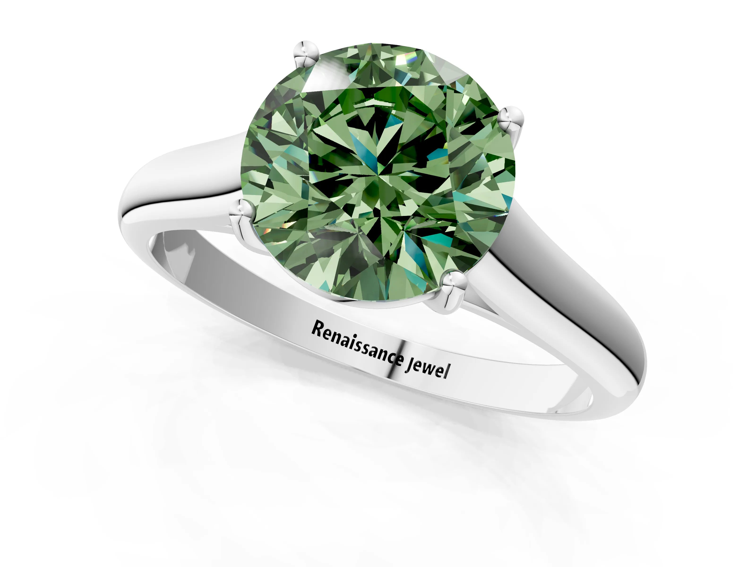 White gold Fancy Green Round Cut Cut Diamond Solitaire Engagement Ring with Tapered Plain Band and Four-Prong Setting_13