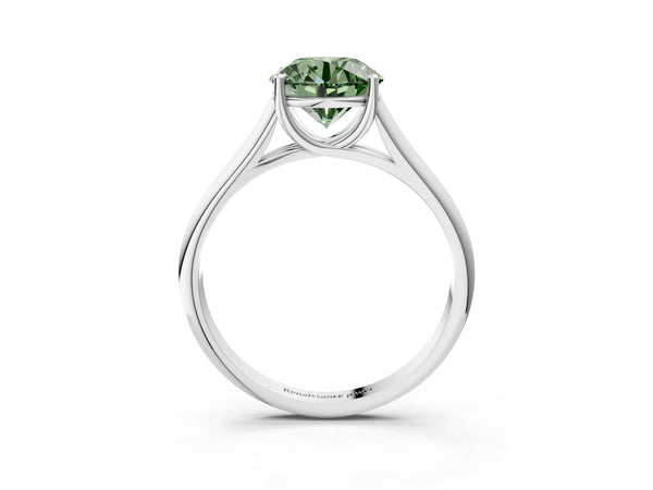 Platinum Fancy Green Round Cut Cut Diamond Solitaire Engagement Ring with Tapered Plain Band and Four-Prong Setting