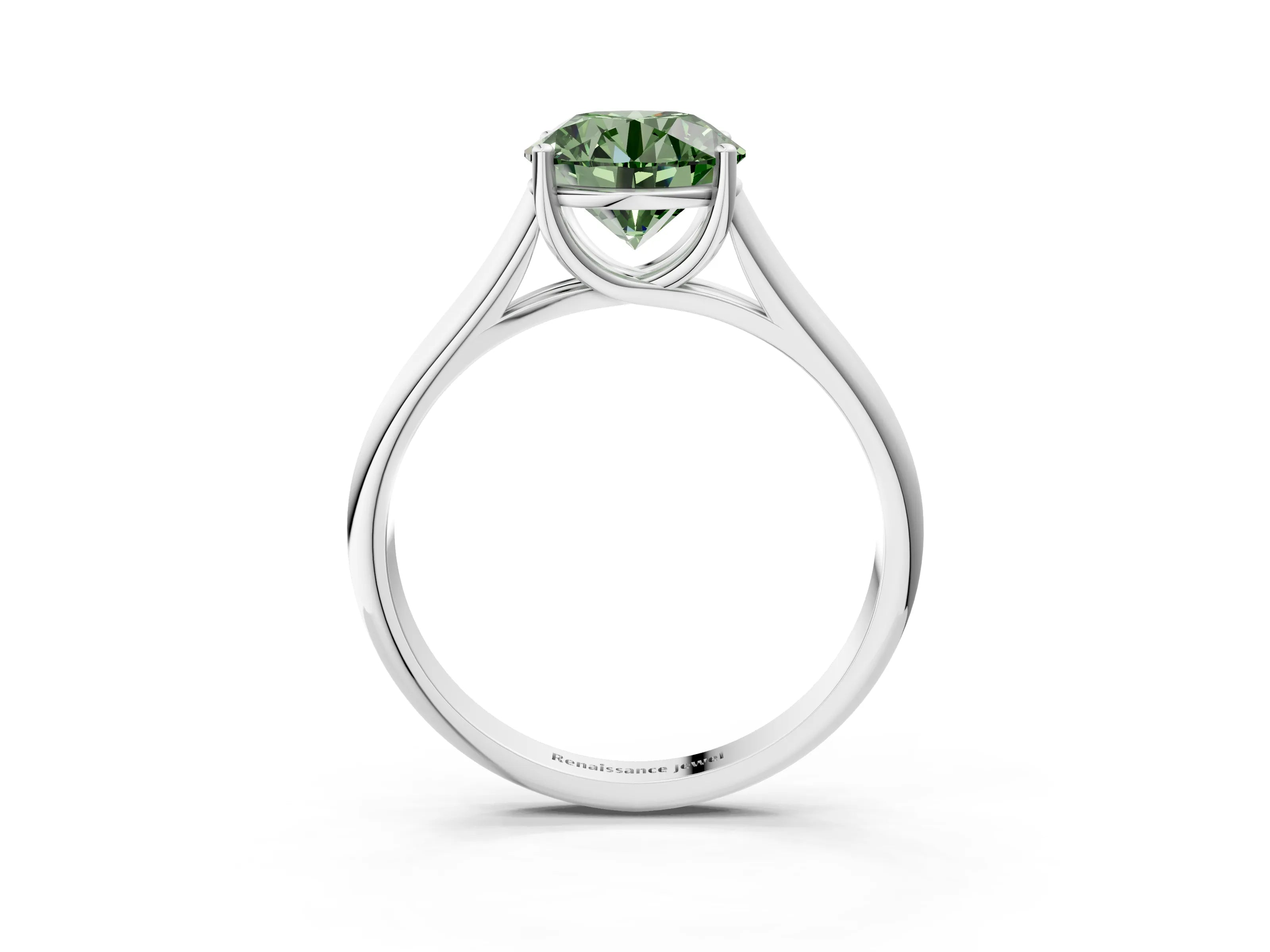 White gold Fancy Green Round Cut Cut Diamond Solitaire Engagement Ring with Tapered Plain Band and Four-Prong Setting_15
