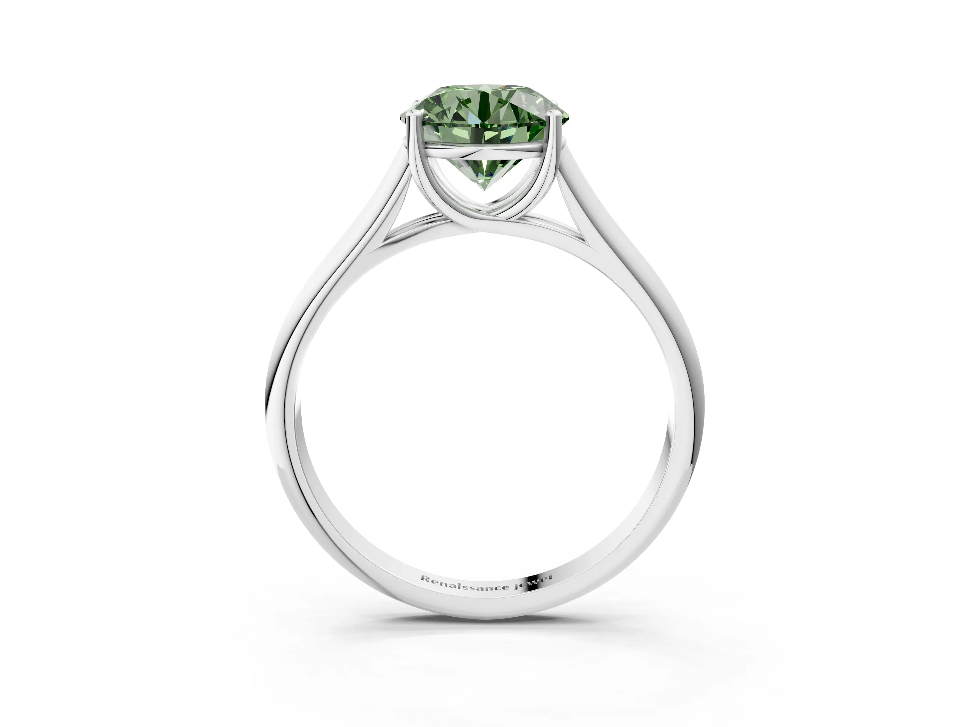 White gold Fancy Green Round Cut Cut Diamond Solitaire Engagement Ring with Tapered Plain Band and Four-Prong Setting_3