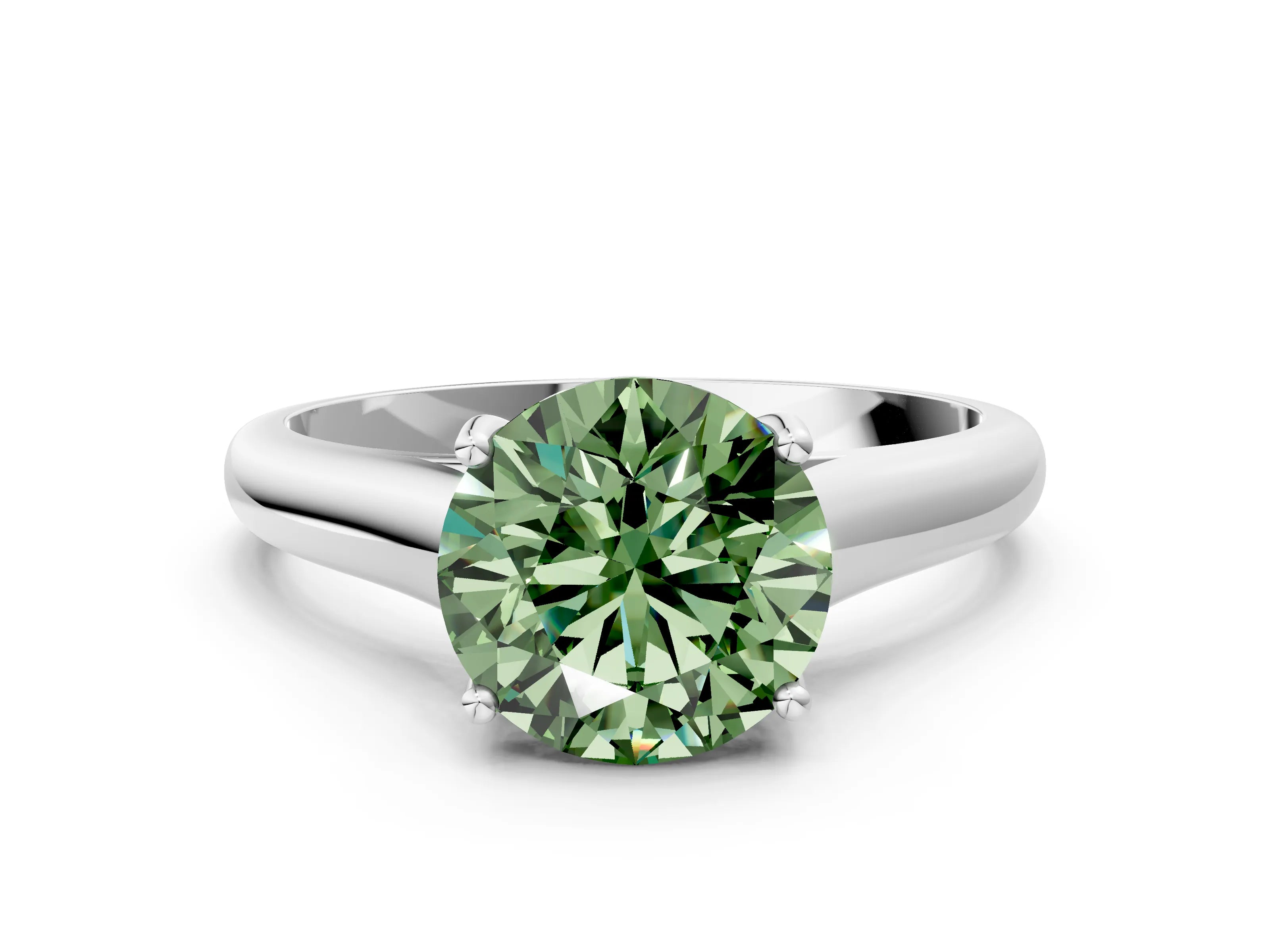 White gold Fancy Green Round Cut Cut Diamond Solitaire Engagement Ring with Tapered Plain Band and Four-Prong Setting