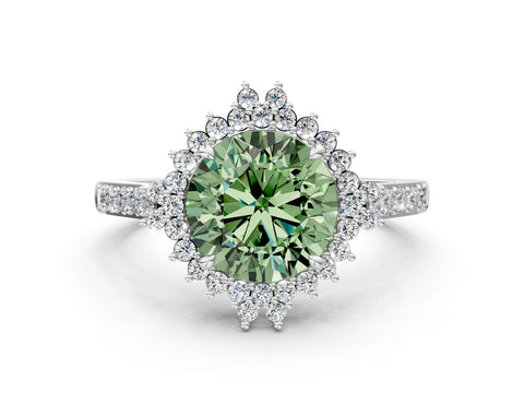 White gold Fancy Green Round Cut Cut Diamond Sunburst Halo Engagement Ring with Pavé Band_12