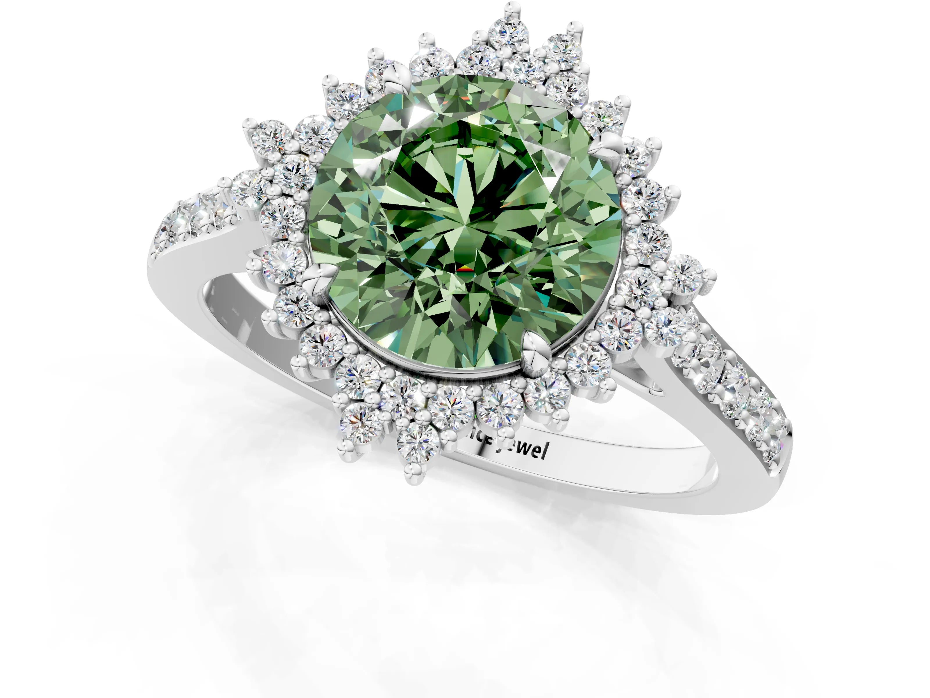 White gold Fancy Green Round Cut Cut Diamond Sunburst Halo Engagement Ring with Pavé Band_13