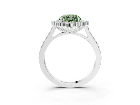 White gold Fancy Green Round Cut Cut Diamond Sunburst Halo Engagement Ring with Pavé Band_15
