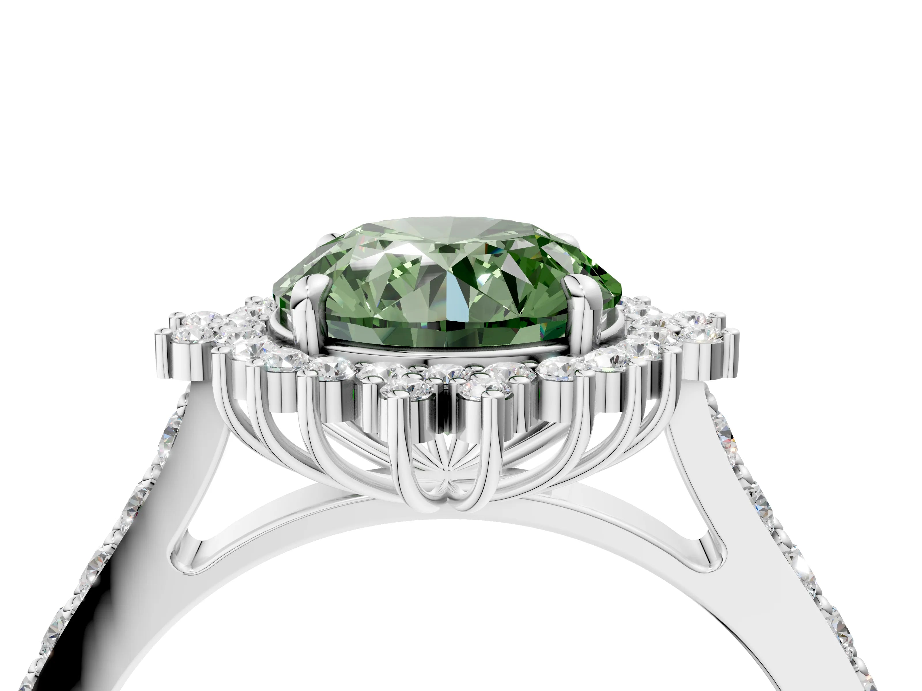 White gold Fancy Green Round Cut Cut Diamond Sunburst Halo Engagement Ring with Pavé Band_16