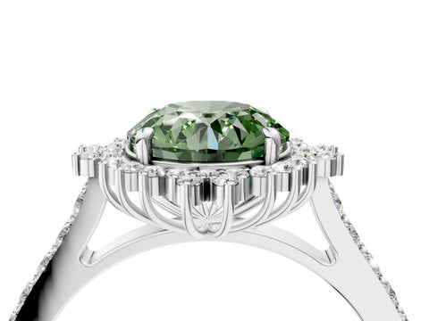 White gold Fancy Green Round Cut Cut Diamond Sunburst Halo Engagement Ring with Pavé Band_16