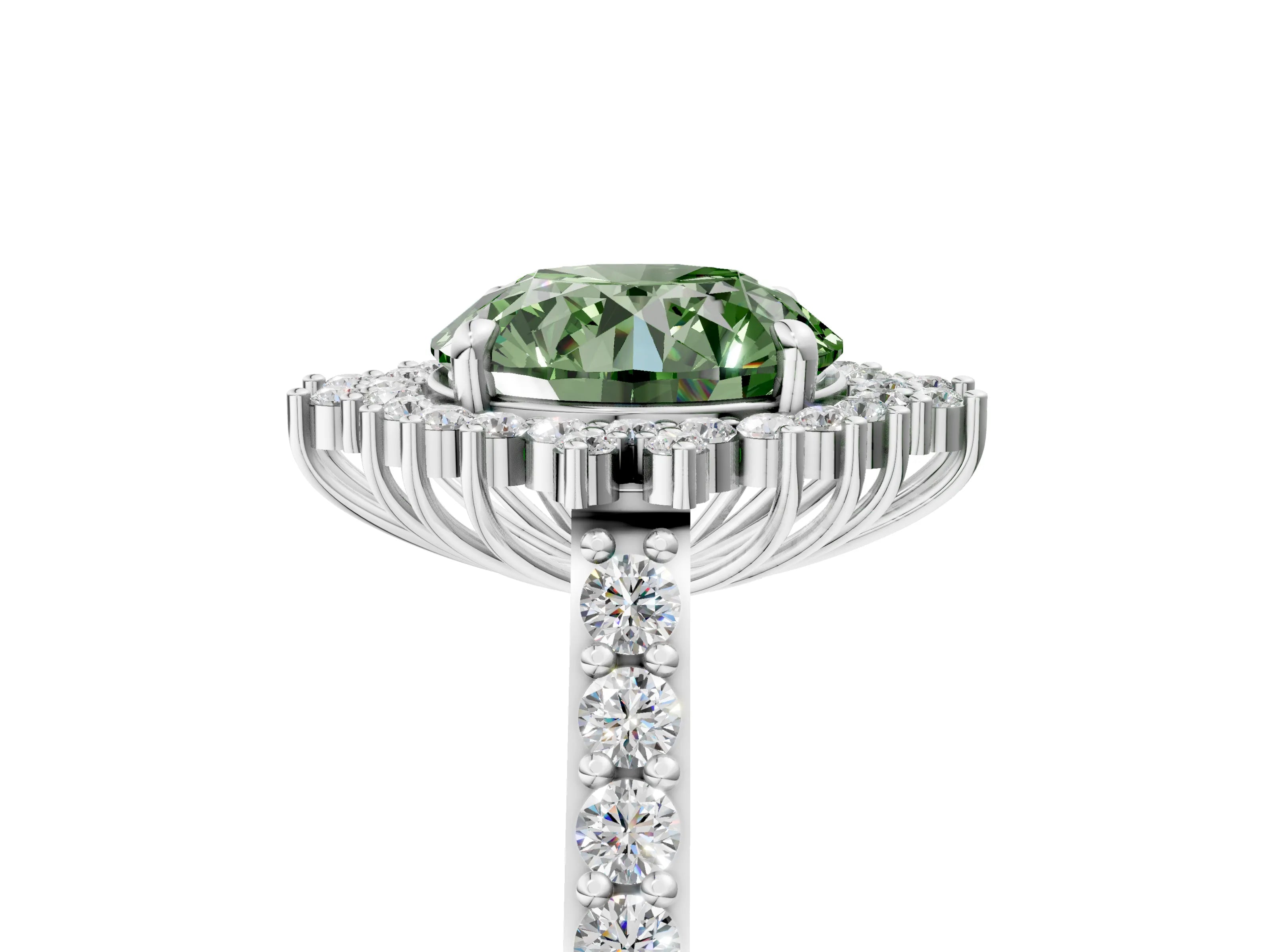 White gold Fancy Green Round Cut Cut Diamond Sunburst Halo Engagement Ring with Pavé Band_17