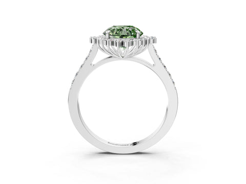 White gold Fancy Green Round Cut Cut Diamond Sunburst Halo Engagement Ring with Pavé Band_3