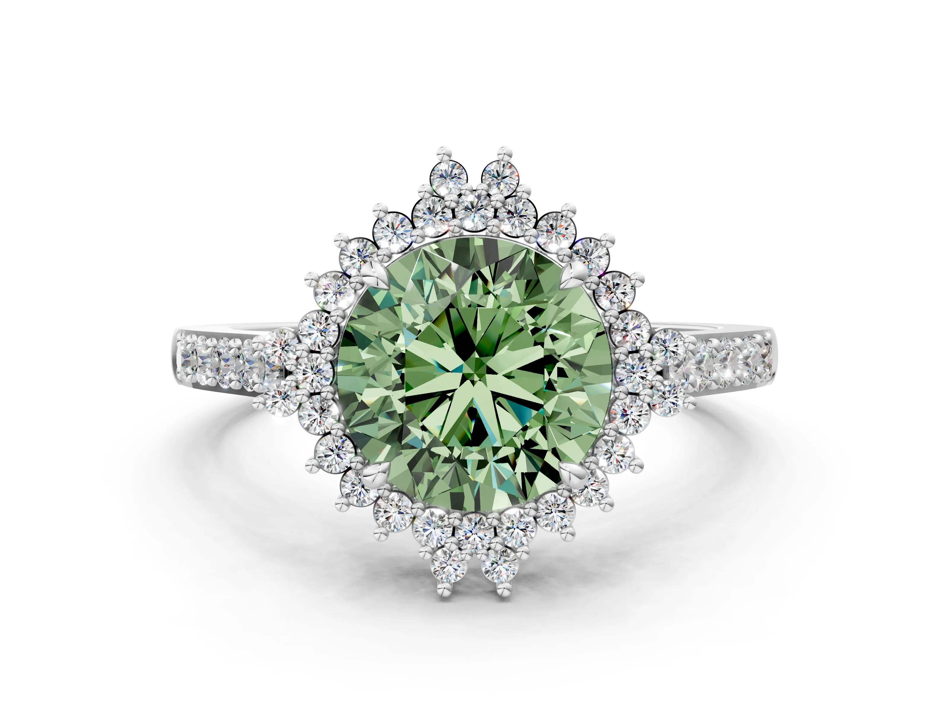 White gold Fancy Green Round Cut Cut Diamond Sunburst Halo Engagement Ring with Pavé Band