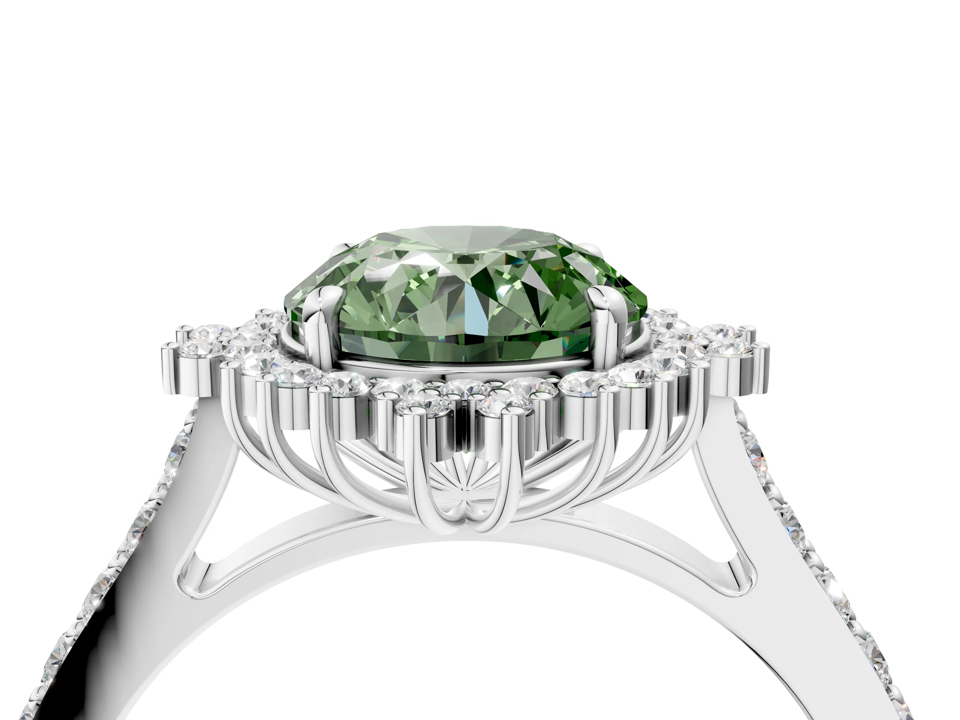 White gold Fancy Green Round Cut Cut Diamond Sunburst Halo Engagement Ring with Pavé Band_4