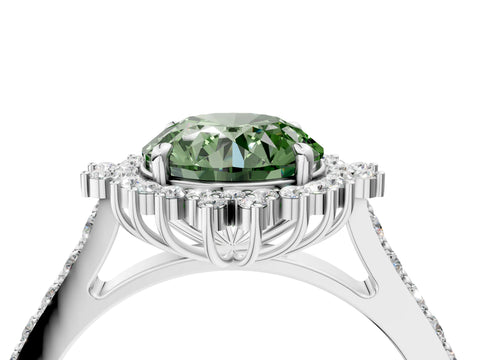 White gold Fancy Green Round Cut Cut Diamond Sunburst Halo Engagement Ring with Pavé Band_4