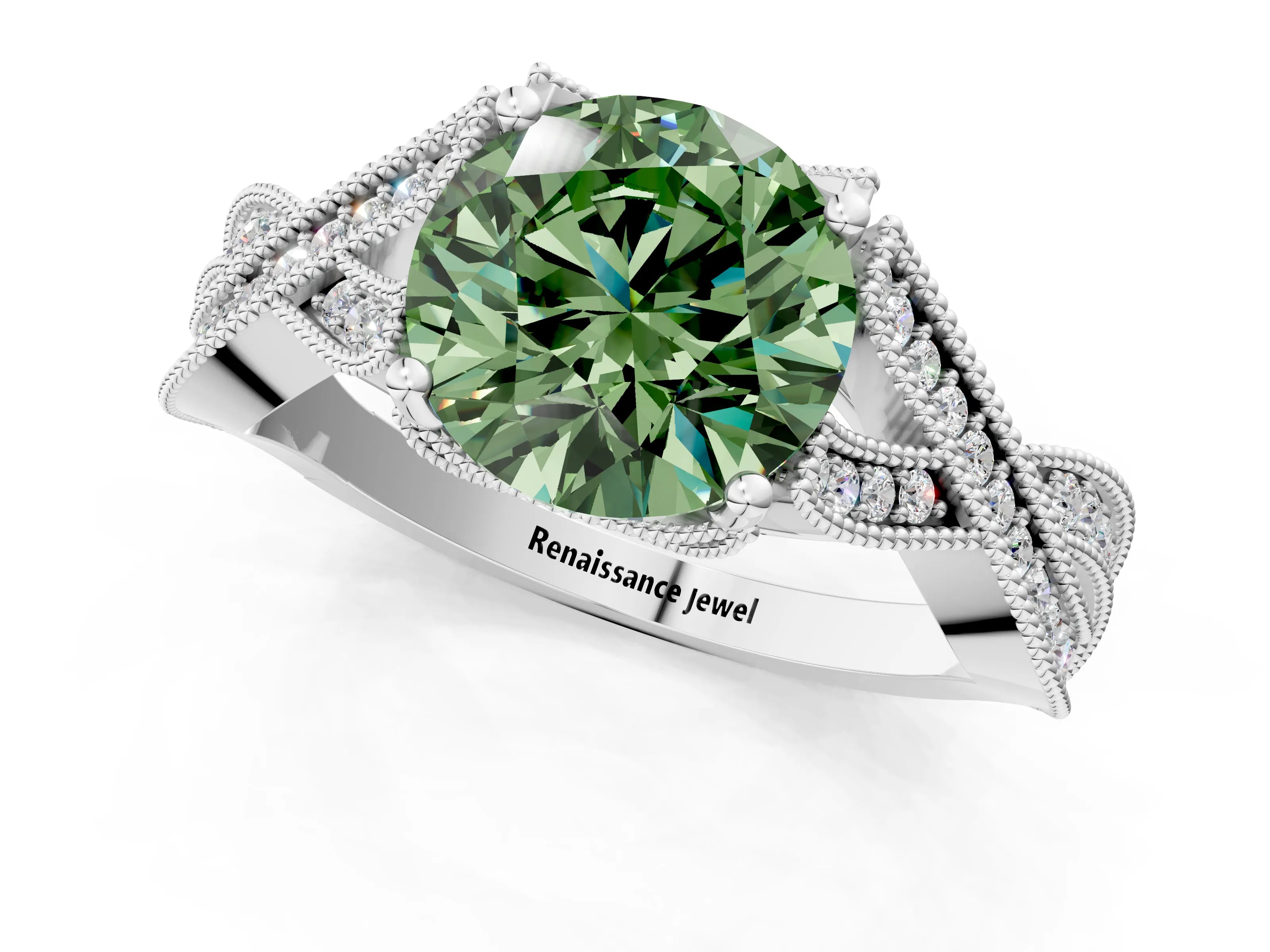 White gold Fancy Green Round Cut Cut Diamond Twisted Band with Milgrain Pave Setting and Four-Prong Setting_1