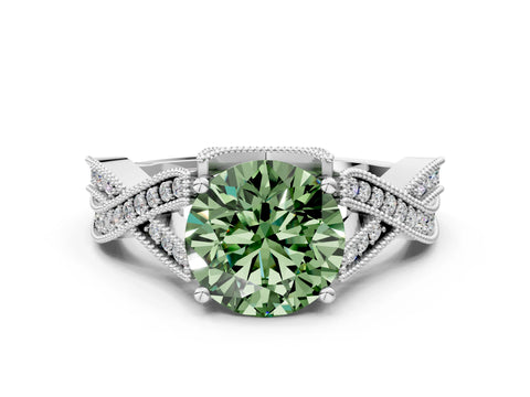 White gold Fancy Green Round Cut Cut Diamond Twisted Band with Milgrain Pave Setting and Four-Prong Setting_12