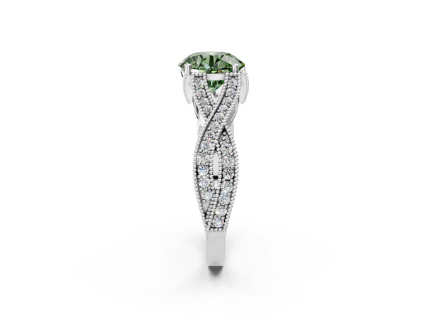 White Gold Round Graduated Pave Twist Engagement Ring Setting for Fancy Green Center