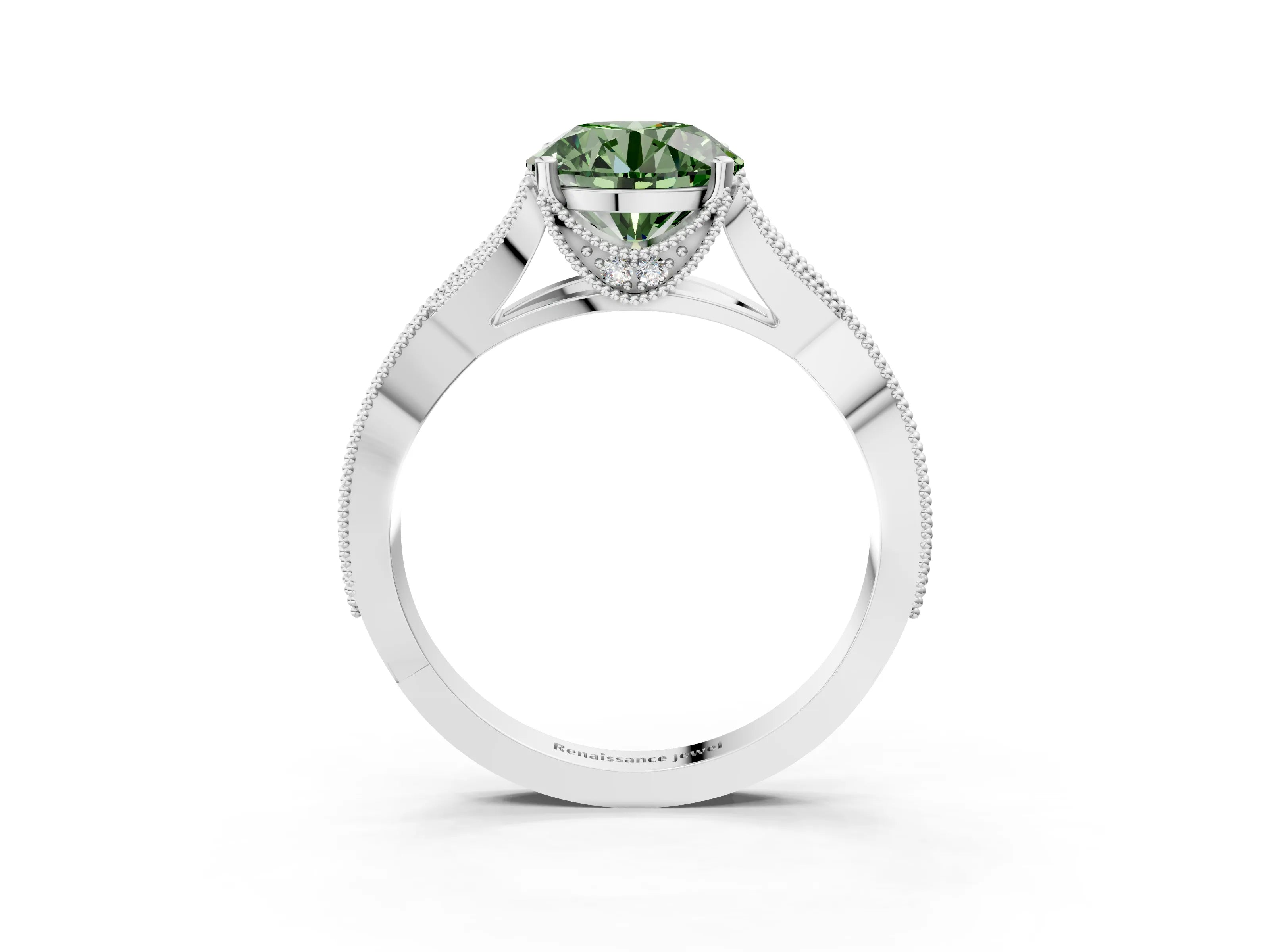 White gold Fancy Green Round Cut Cut Diamond Twisted Band with Milgrain Pave Setting and Four-Prong Setting_15