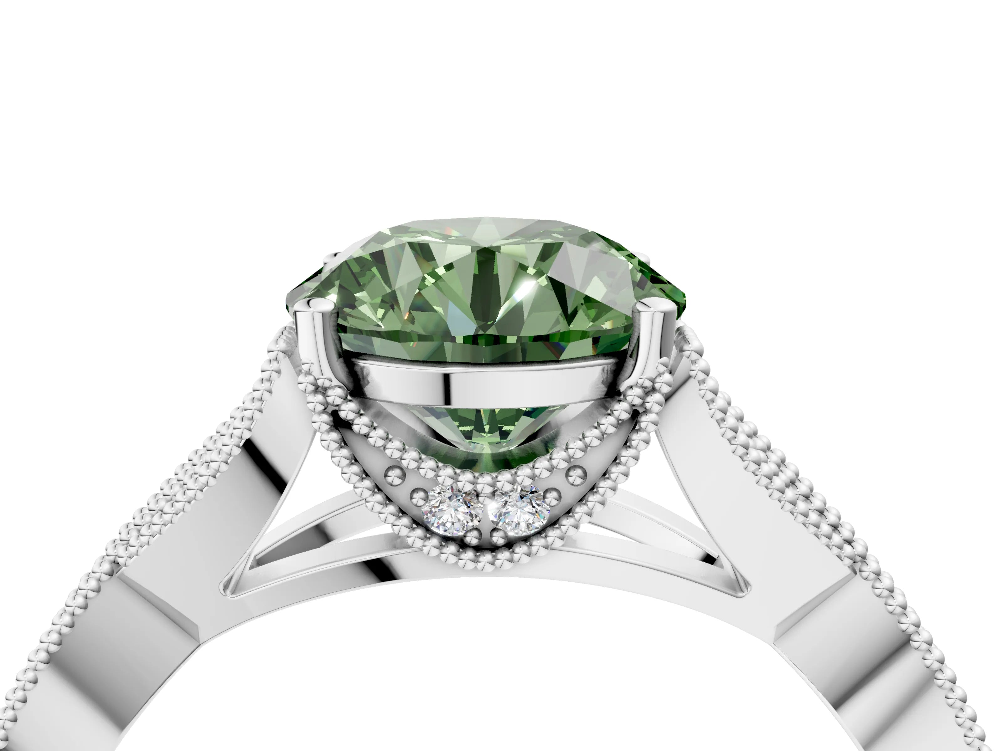 White gold Fancy Green Round Cut Cut Diamond Twisted Band with Milgrain Pave Setting and Four-Prong Setting_16