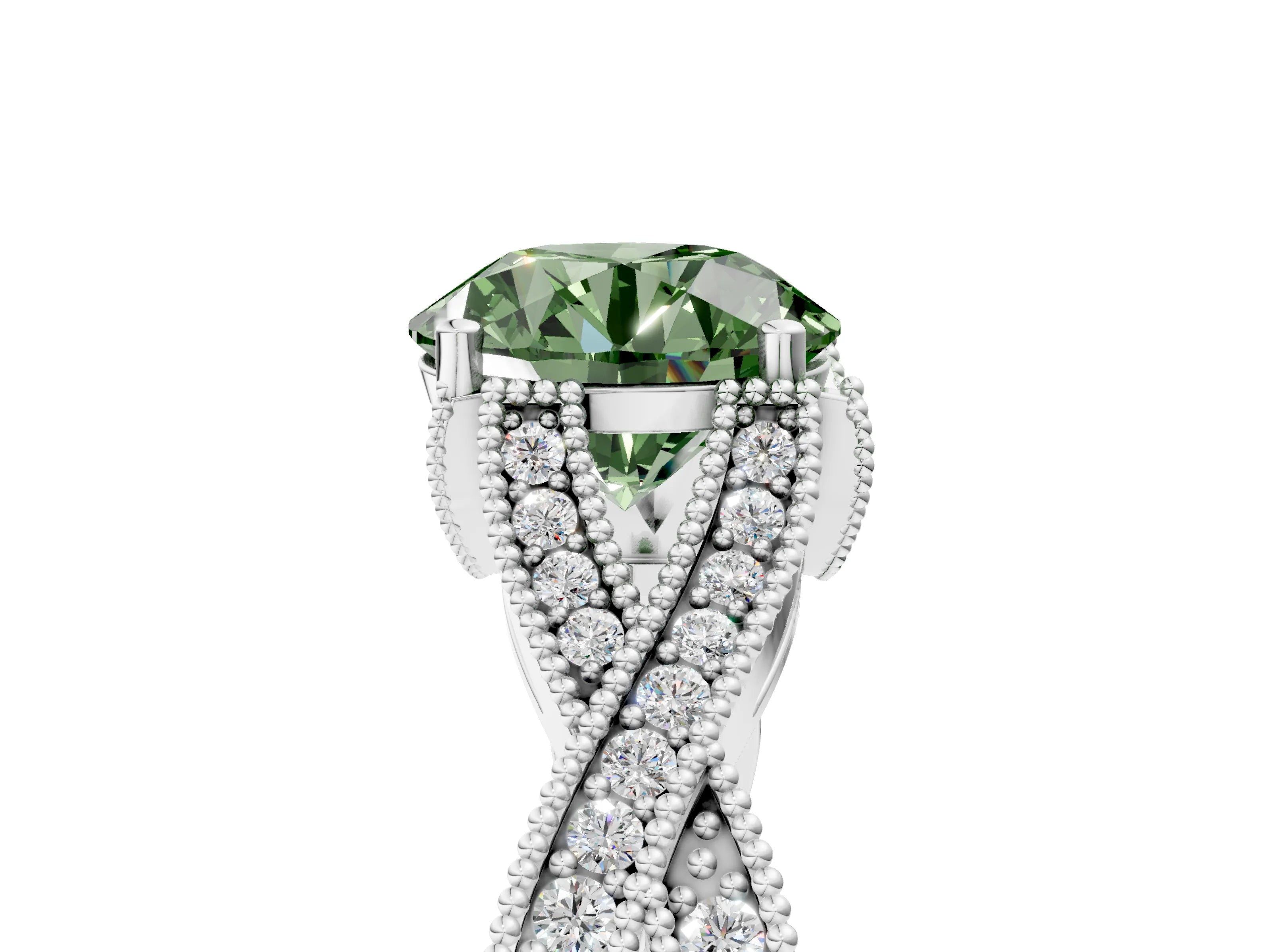 White gold Fancy Green Round Cut Cut Diamond Twisted Band with Milgrain Pave Setting and Four-Prong Setting_17
