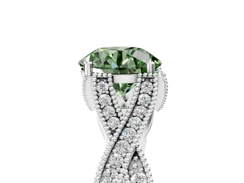 White gold Fancy Green Round Cut Cut Diamond Twisted Band with Milgrain Pave Setting and Four-Prong Setting_17