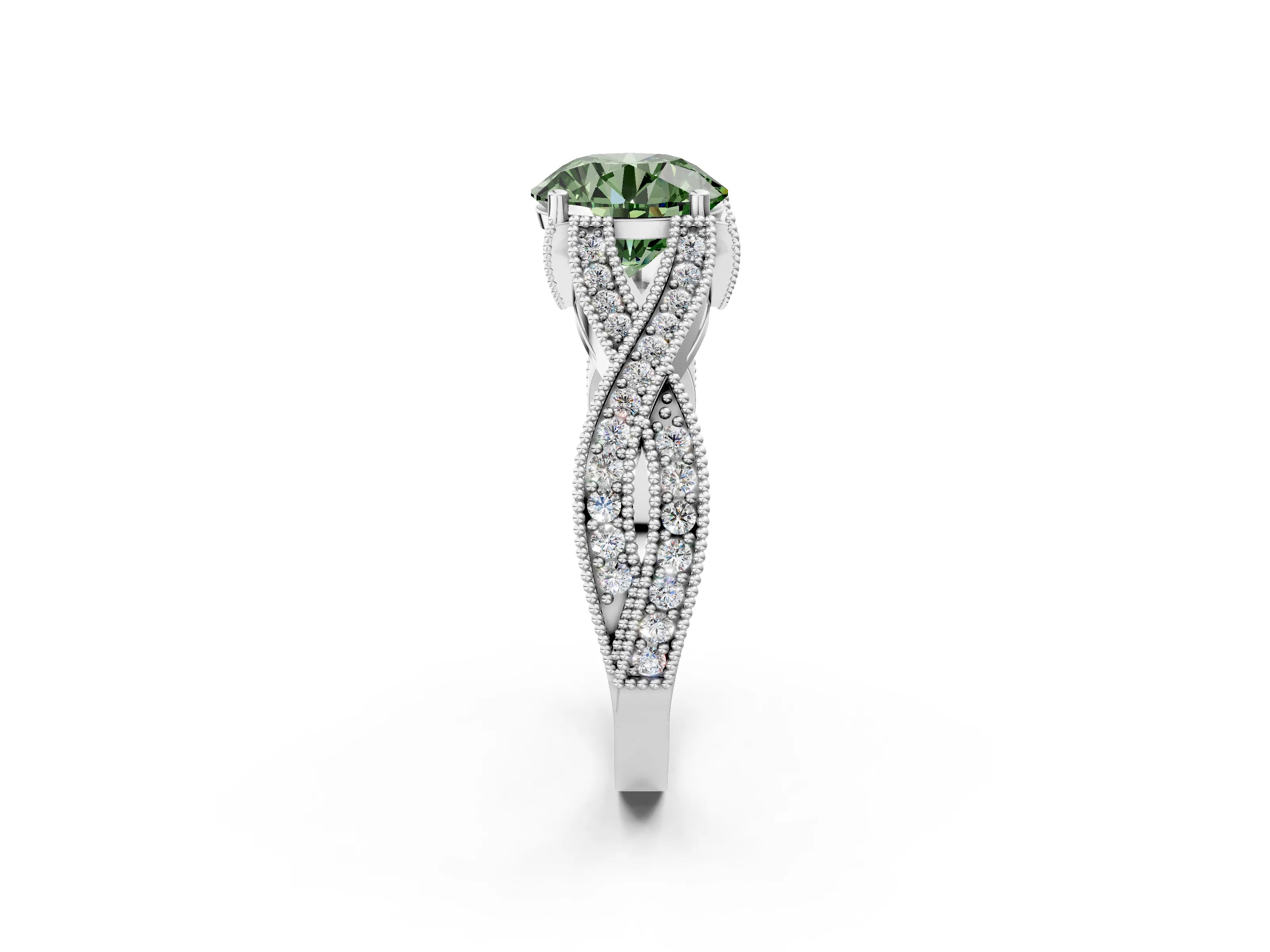 White gold Fancy Green Round Cut Cut Diamond Twisted Band with Milgrain Pave Setting and Four-Prong Setting_2