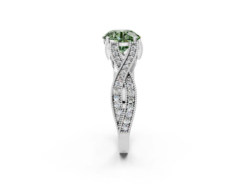 White gold Fancy Green Round Cut Cut Diamond Twisted Band with Milgrain Pave Setting and Four-Prong Setting_2