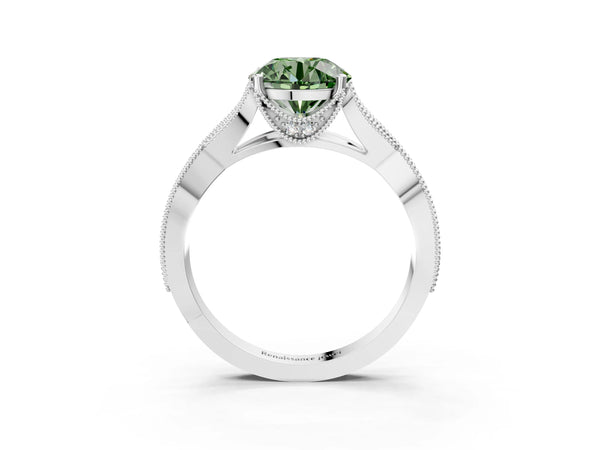 Platinum Round Graduated Pave Twist Engagement Ring Setting for Fancy Green Center