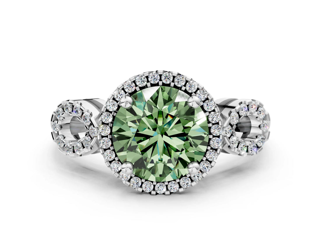 White gold Fancy Green Round Cut Cut Halo Diamond Infinity Band with Four-Prong Setting