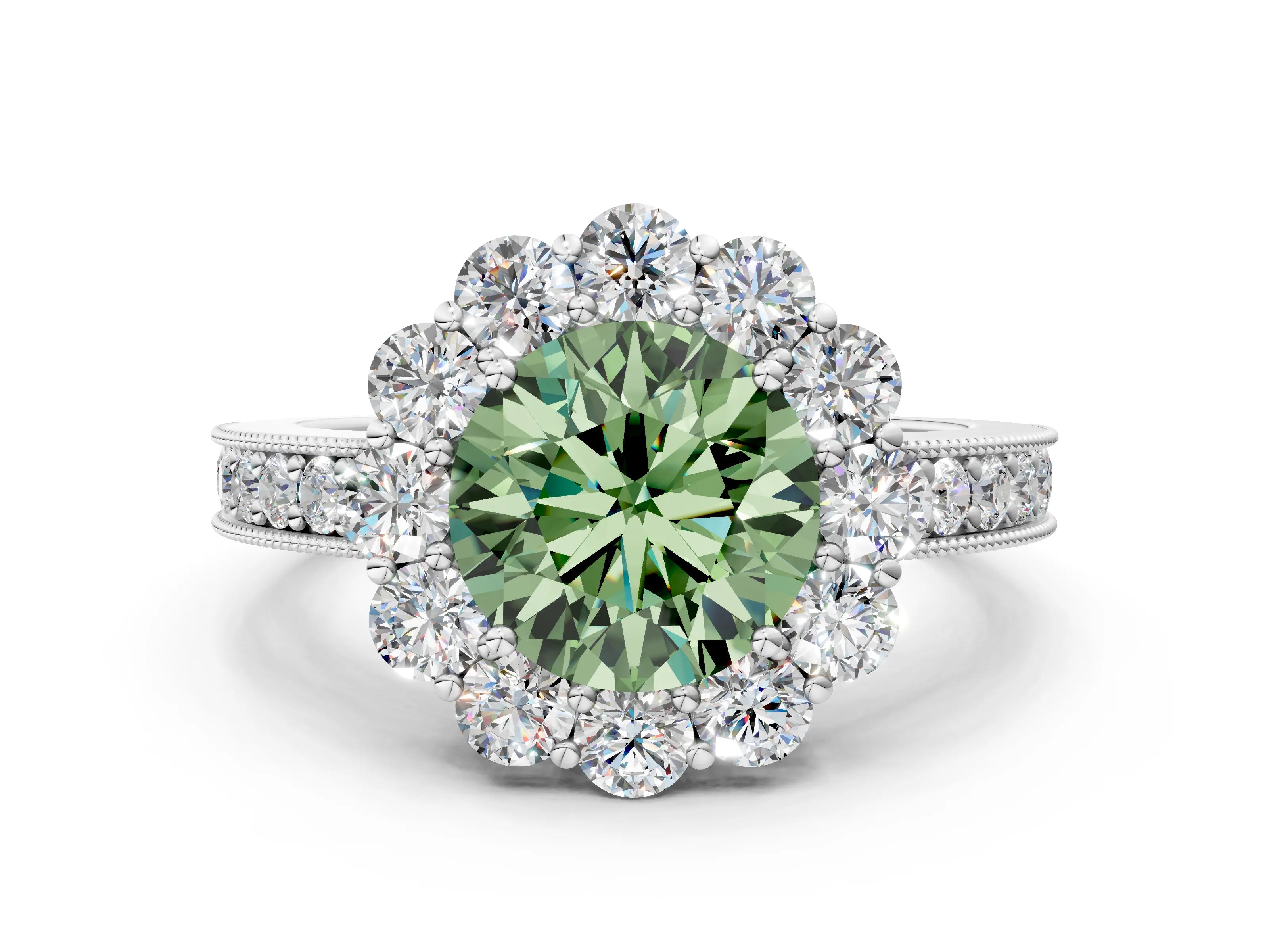 White gold Fancy Green Round Cut Cut Halo Diamond Pavé Engagement Ring with Milgrain Detailing_12