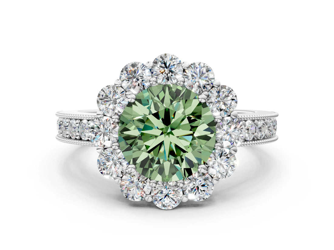 White gold Fancy Green Round Cut Cut Halo Diamond Pavé Engagement Ring with Milgrain Detailing_12
