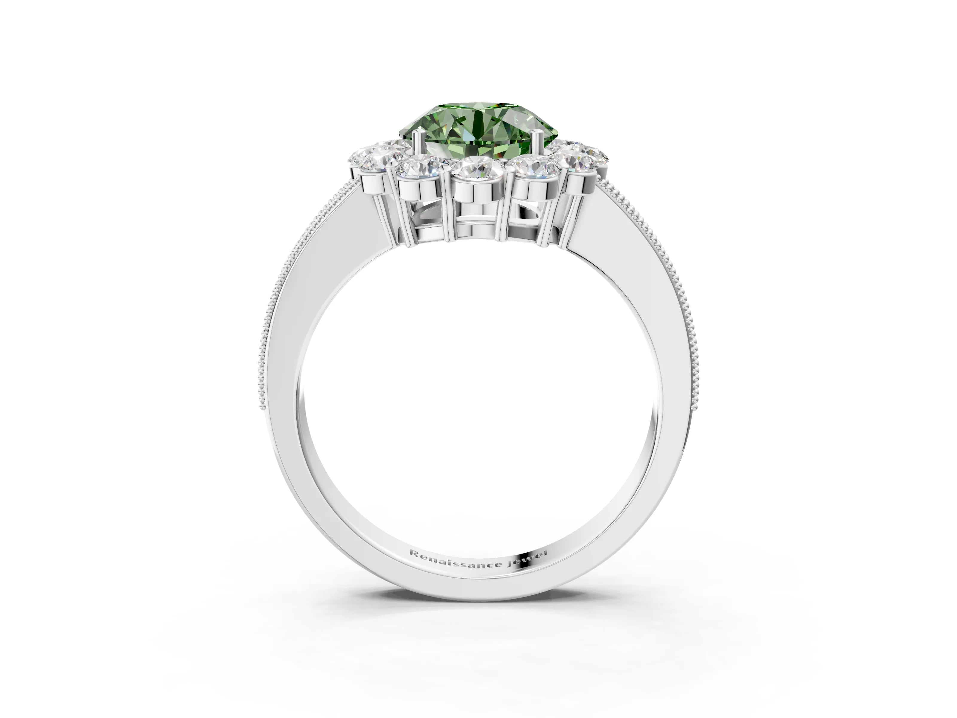 White gold Fancy Green Round Cut Cut Halo Diamond Pavé Engagement Ring with Milgrain Detailing_15