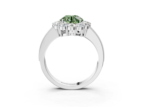 White gold Fancy Green Round Cut Cut Halo Diamond Pavé Engagement Ring with Milgrain Detailing_15