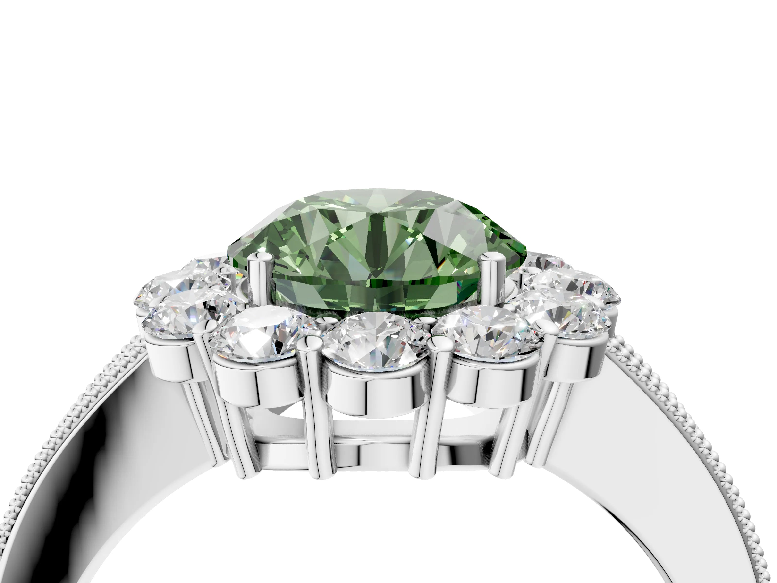 White gold Fancy Green Round Cut Cut Halo Diamond Pavé Engagement Ring with Milgrain Detailing_16