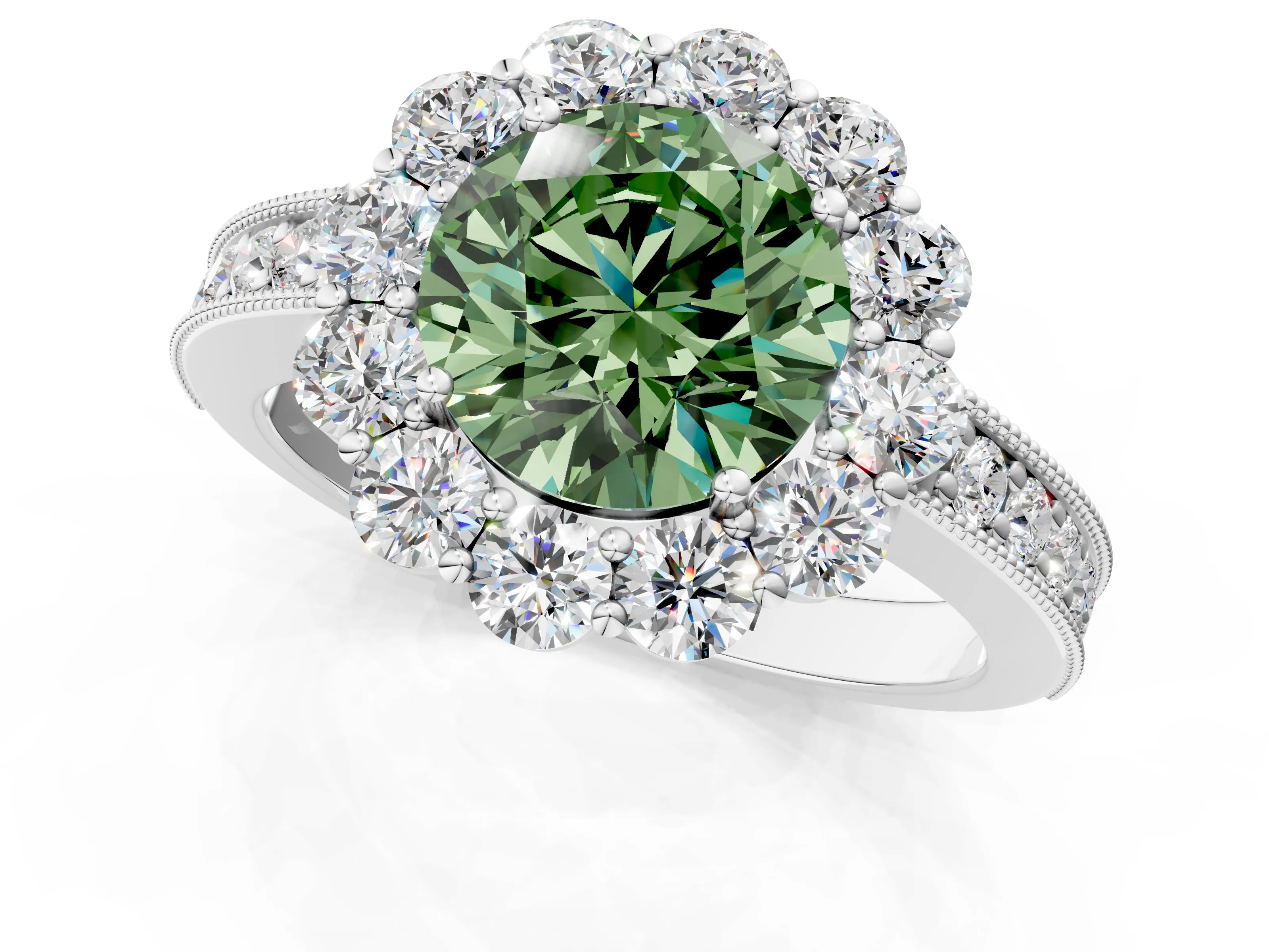 White gold Fancy Green Round Cut Cut Halo Diamond Pavé Engagement Ring with Milgrain Detailing_1