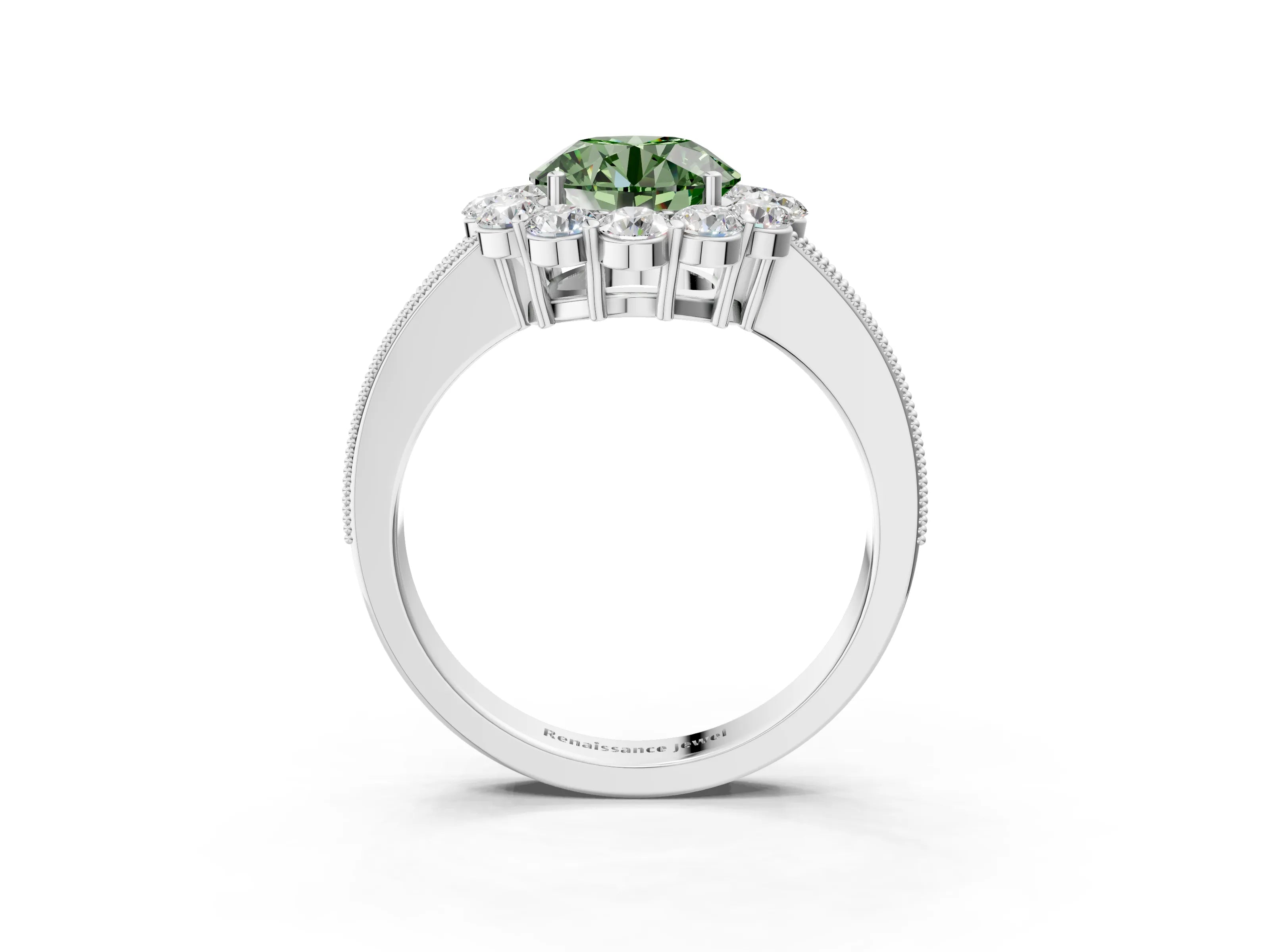 White gold Fancy Green Round Cut Cut Halo Diamond Pavé Engagement Ring with Milgrain Detailing_3