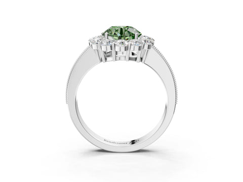 White gold Fancy Green Round Cut Cut Halo Diamond Pavé Engagement Ring with Milgrain Detailing_3