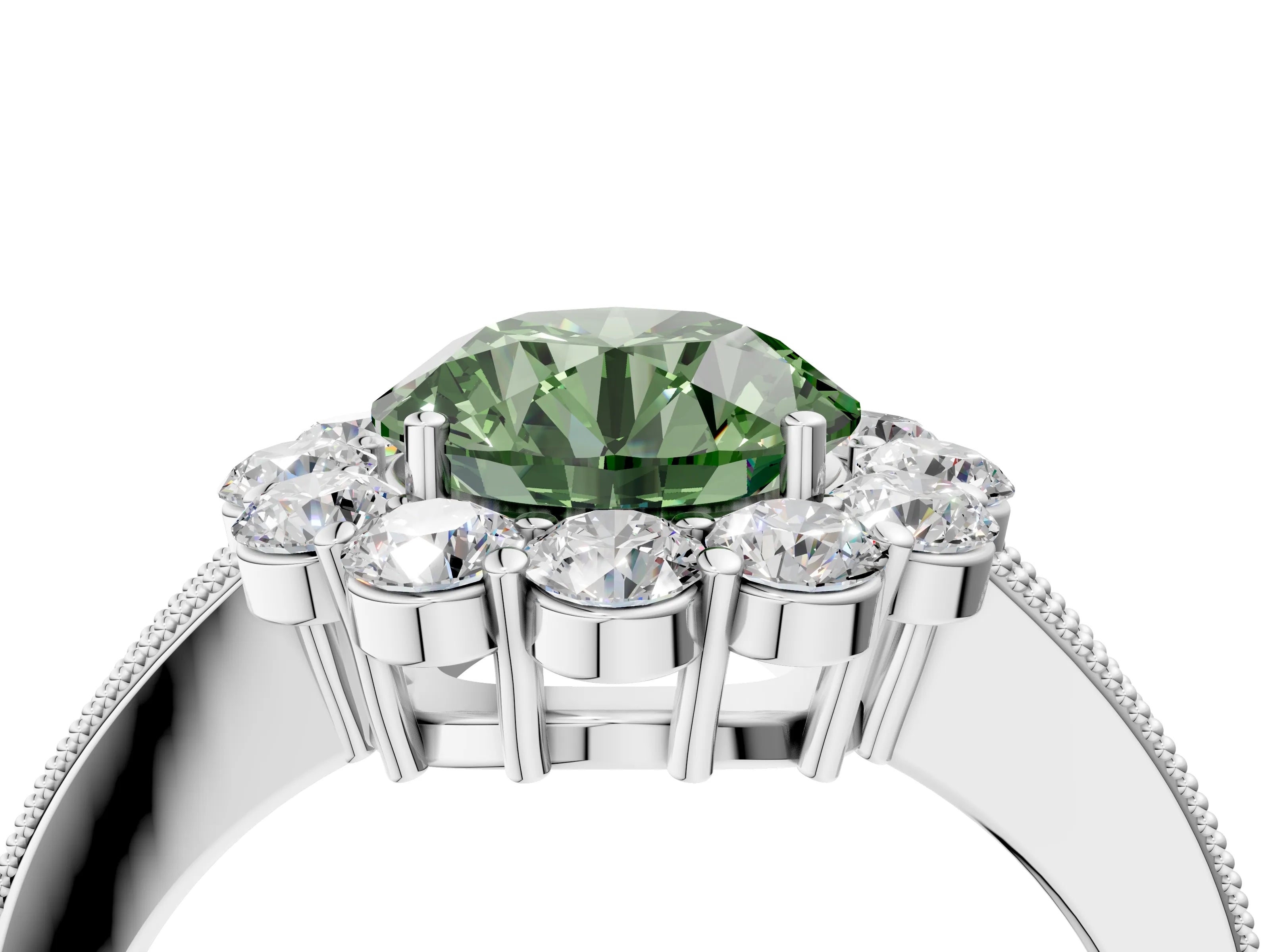 White gold Fancy Green Round Cut Cut Halo Diamond Pavé Engagement Ring with Milgrain Detailing_4