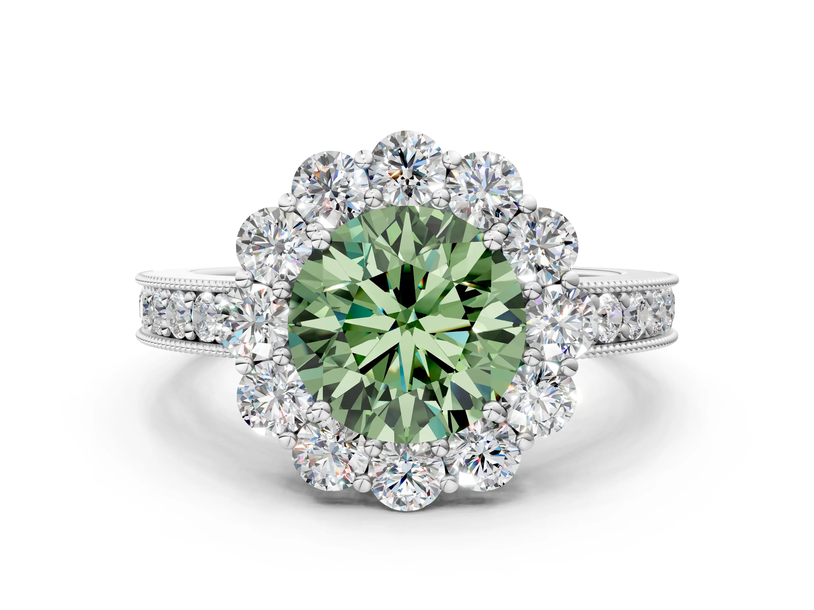 White gold Fancy Green Round Cut Cut Halo Diamond Pavé Engagement Ring with Milgrain Detailing