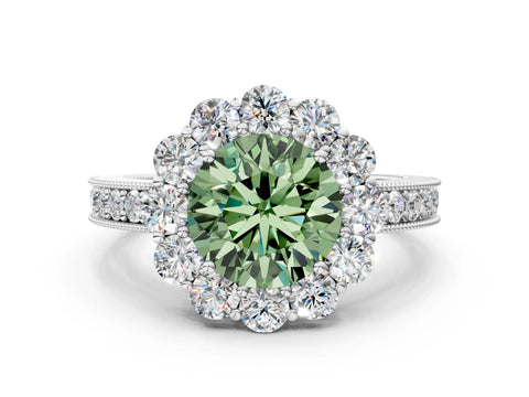 White gold Fancy Green Round Cut Cut Halo Diamond Pavé Engagement Ring with Milgrain Detailing