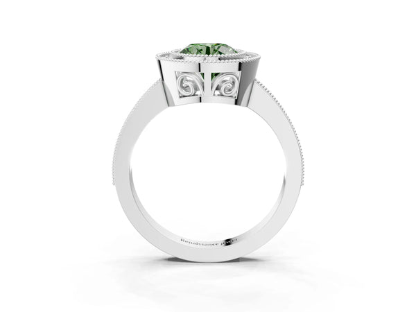 White Gold Round Double Milgrain Halo Engagement Ring Setting for Fancy Green Center
